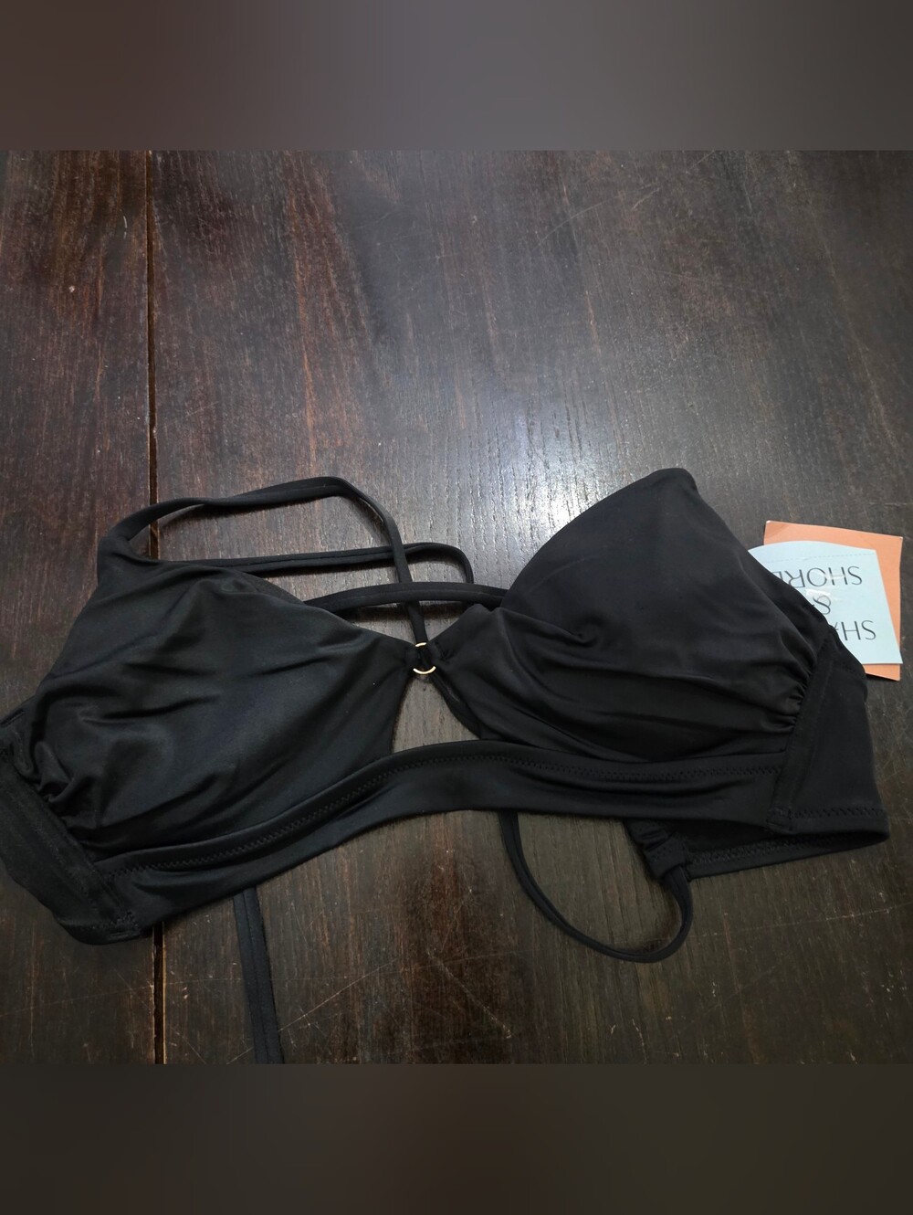 Shade & Shore Black Strappy Bikini Top with Gold Ring Accent